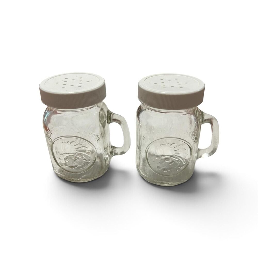 Golden Harvest Salt Pepper Shakers Pair Clear Glass Mason Jar Handles Small